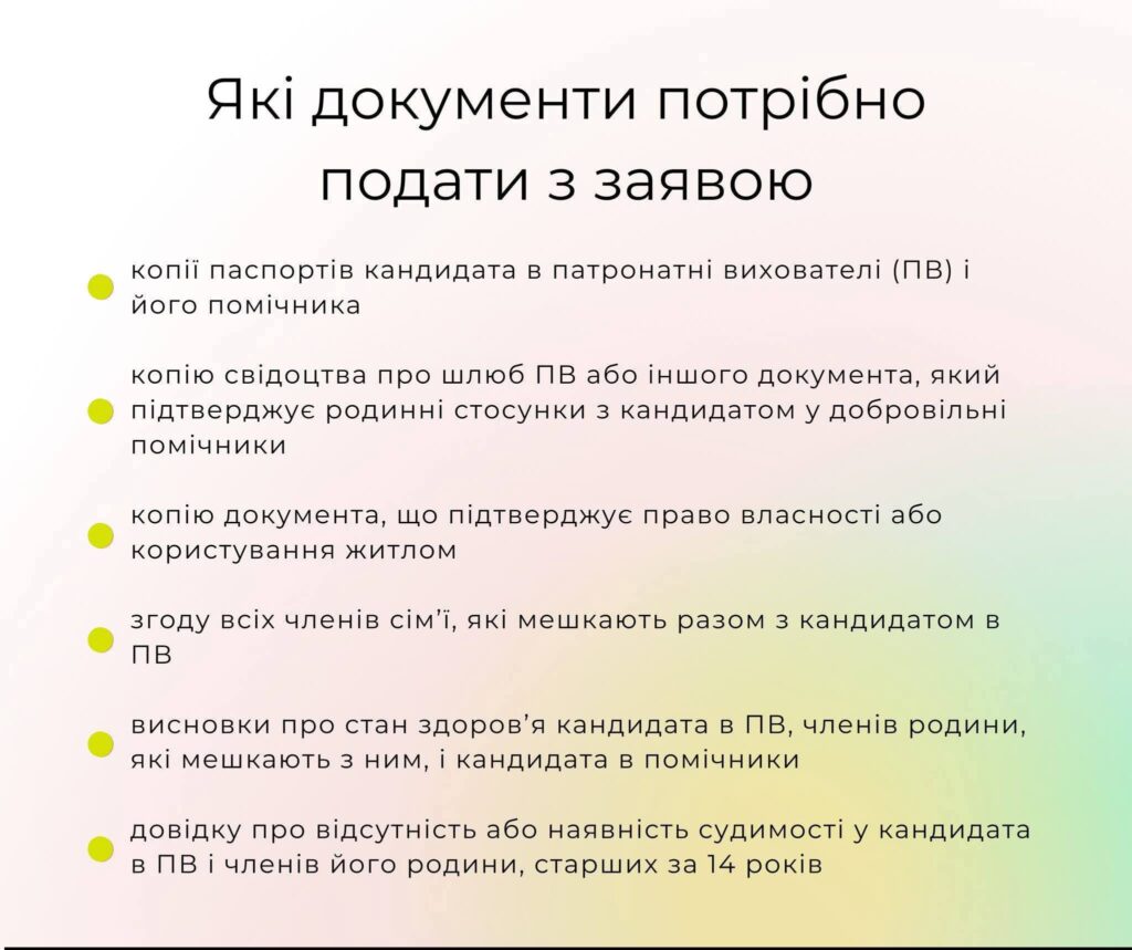 Список документів, необхідних для подання заяви на патронатне виховання, включає копії паспортів кандидата та його помічника, свідоцтво про шлюб або інший документ про сімейні стосунки, документи про право власності на житло, згоду всіх членів сім'ї, висновки про стан здоров'я та довідку про відсутність судимості.