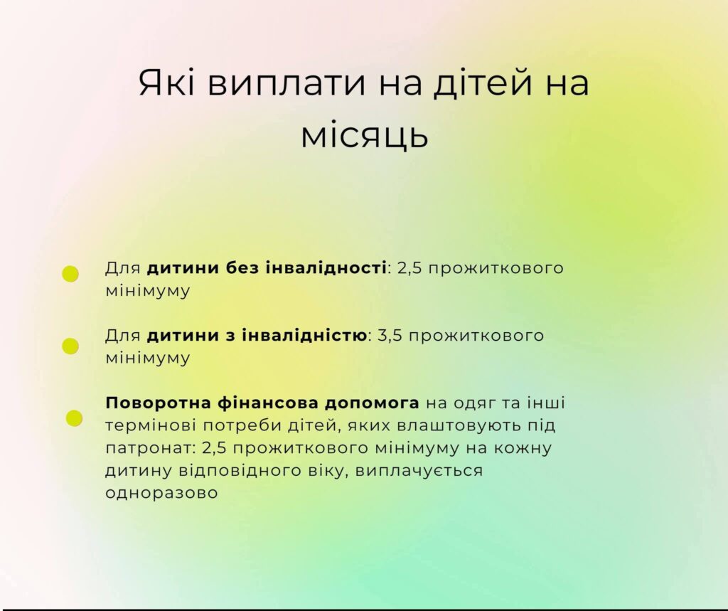 Інфографіка повідомляє про виплати на дітей, які передбачають такі суми: 2,5 прожиткового мінімуму на дитину без інвалідності, 3,5 прожиткового мінімуму на дитину з інвалідністю та 2,5 прожиткового мінімуму на кожну дитину для термінових потреб при патронаті, виплачувані одноразово.