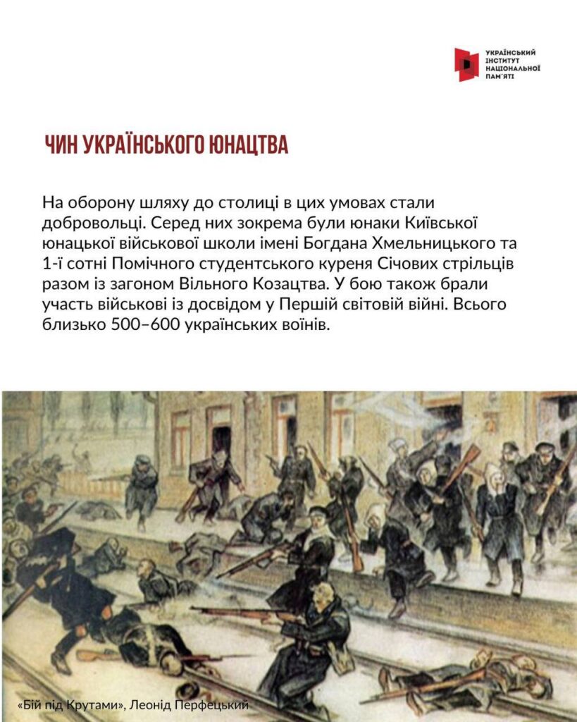 Бій під Крутами: українські воїни у шинелях та шапках ведуть вогонь із-за брудно-жовтої будівлі та прилеглого паркану.