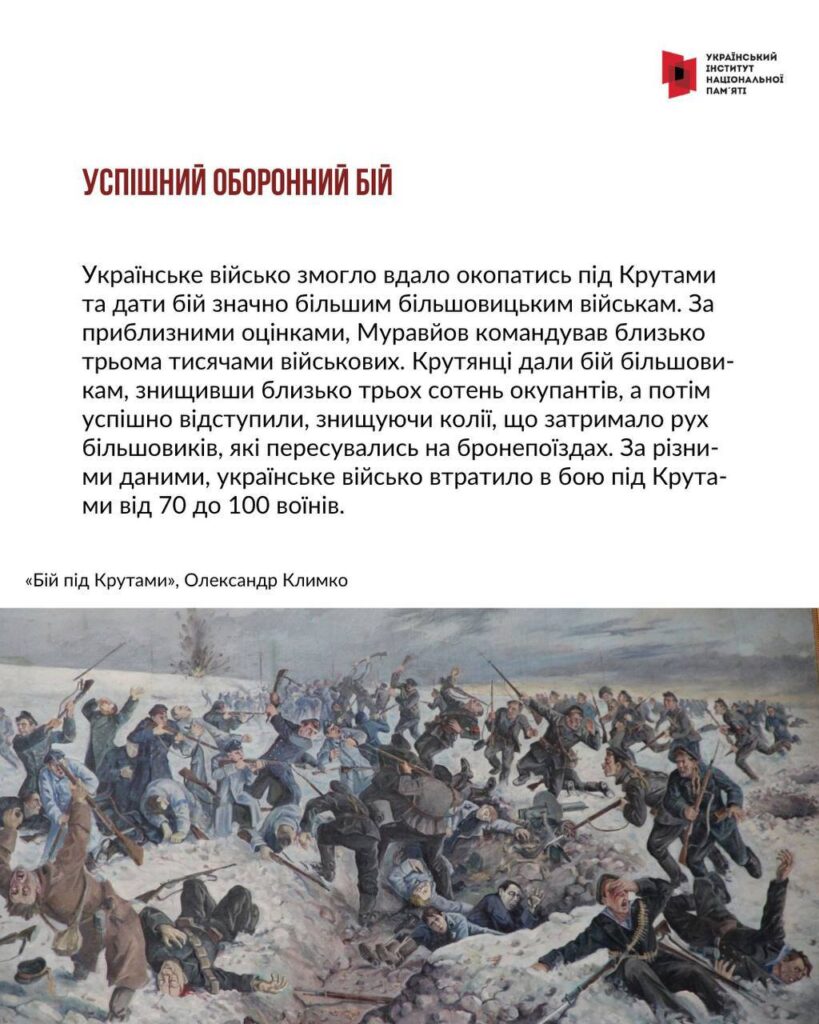 Бійці Української Народної Республіки у снігу під час бою під Крутами стріляють та тікають від переважаючих сил більшовиків.