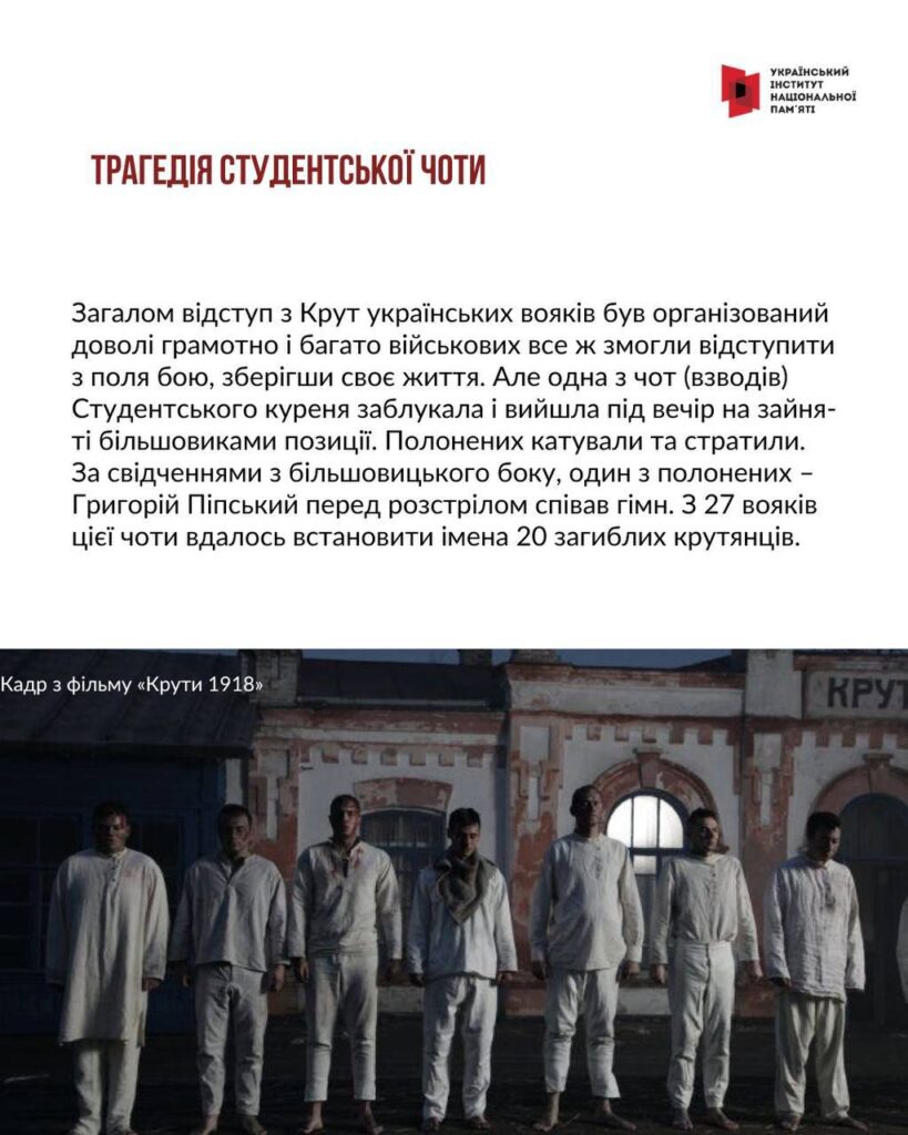 Сім українських студентів у білих сорочках стоять перед будівлею зі зруйнованими стінами та вікнами, очікуючи розстрілу, поряд розміщений напис українською мовою про трагедію студентської чоти під Крутами 1918 року.