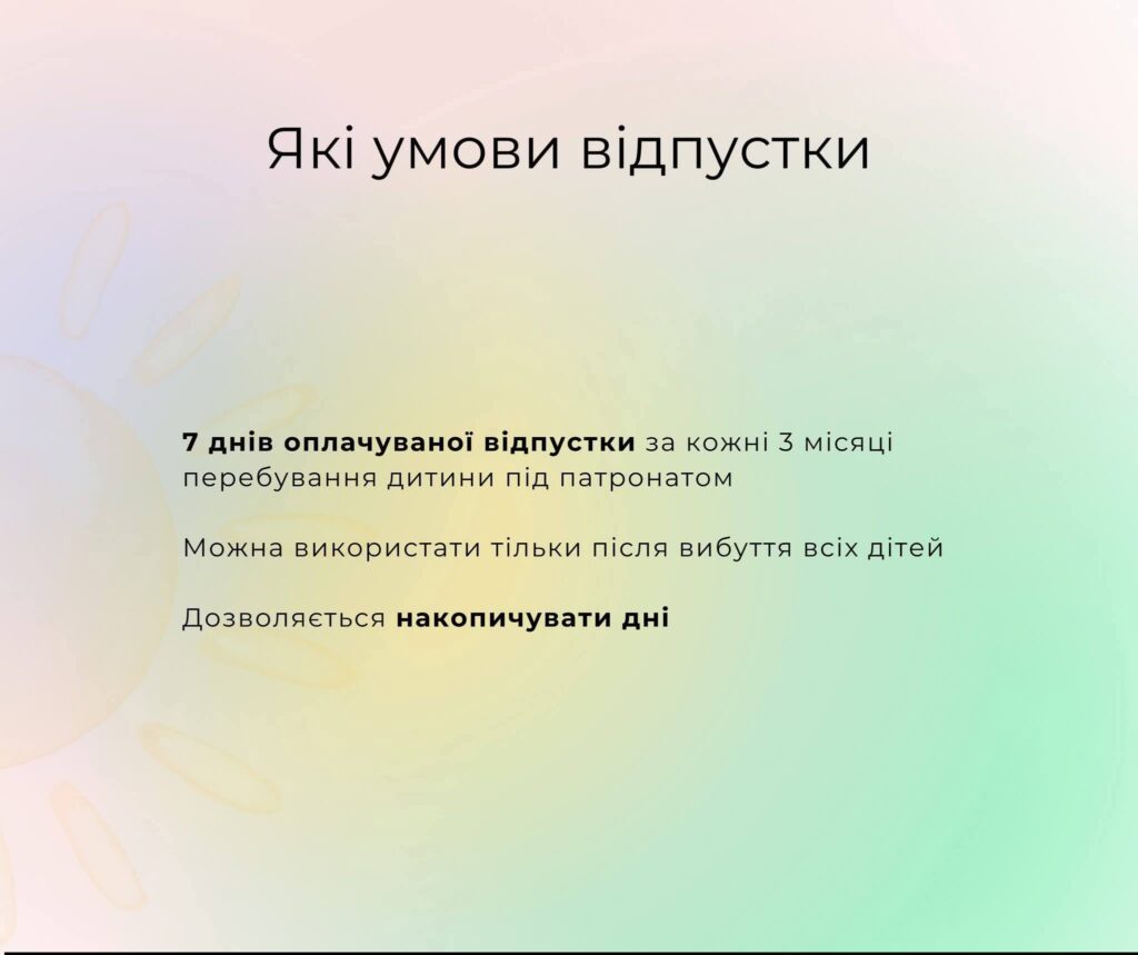 Чотири рядки тексту українською мовою про умови відпустки для працівників, які доглядають дітей: 7 днів відпустки за 3 місяці роботи; відпустка після завершення опіки над усіма дітьми; можливість накопичення днів відпустки.