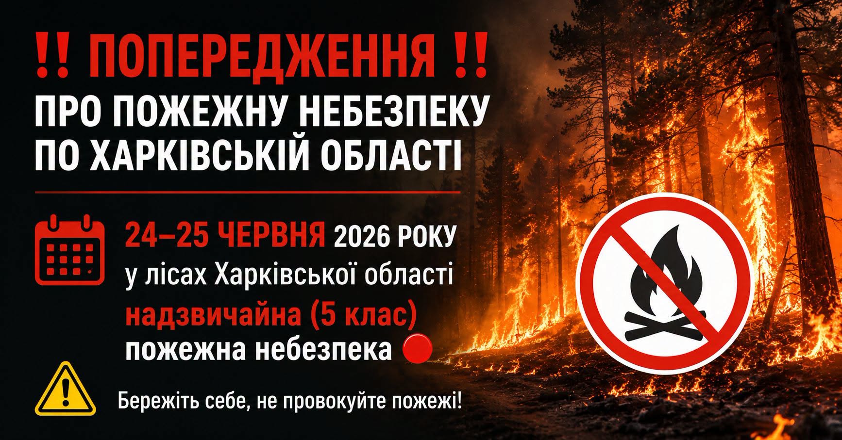 Лісовий масив охоплений вогнем під час пожежі із знаком заборони вогню.
