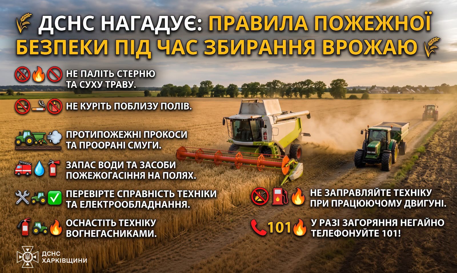 Інформаційний плакат ДСНС з правилами пожежної безпеки під час збирання врожаю на тлі працюючої сільгосптехніки.