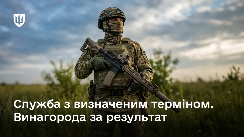 Військовий у камуфляжі та екіпіровці тримає автомат у полі із написом Служба з визначеним терміном. Винагорода за результат.
