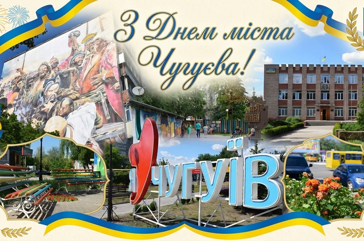Вітальний плакат з написом 'З Днем міста Чугуєва!', що поєднує фото великих літер з назвою міста, стінопису з козаками та адміністративної будівлі.