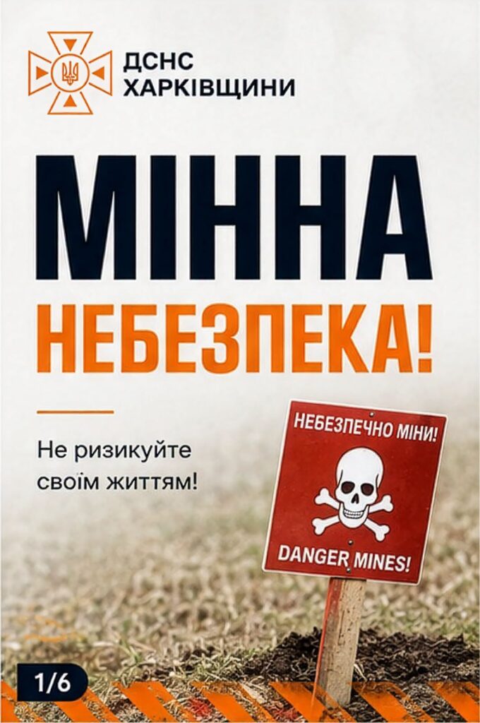 Інформаційний плакат ДСНС Харківщини з написом «МІННА НЕБЕЗПЕКА!» та зображенням червоного знака з черепом і написом «НЕБЕЗПЕЧНО МІНІ! DANGER MINES!».