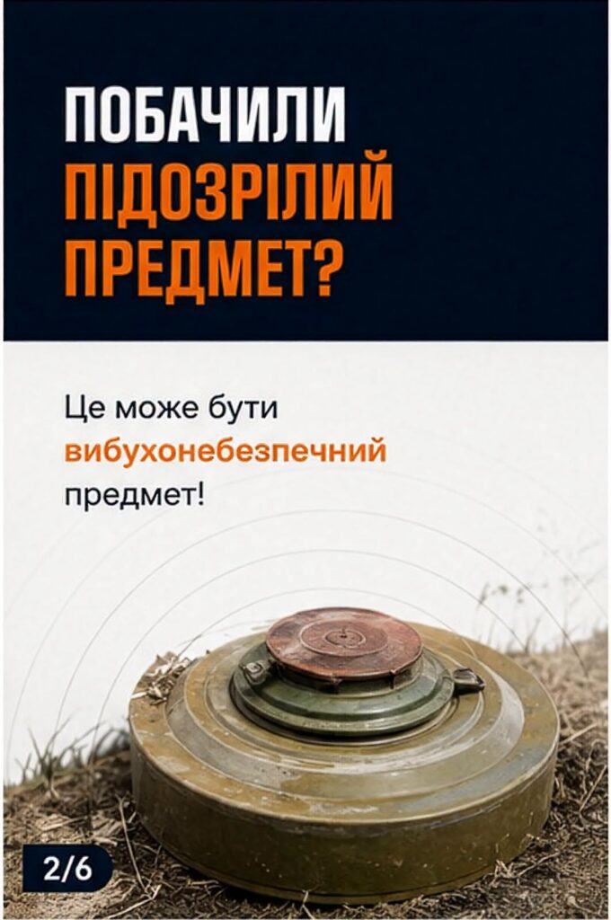 Інформаційний плакат із застереженням про небезпеку, що демонструє старий вибухонебезпечний предмет на землі та текст «Побачили підозрілий предмет? Це може бути вибухонебезпечний предмет!».