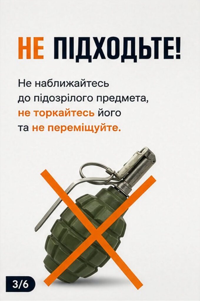 Інформаційний плакат із застереженням «НЕ ПІДХОДЬТЕ!» та зображенням гранати, перекресленої помаранчевим хрестом, що забороняє наближатися, торкатися чи переміщувати підозрілий предмет.