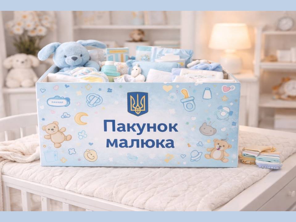 Синя коробка з написом «Пакунок малюка» та логотипом, наповнена дитячими речами, іграшками та м'яким зайчиком.