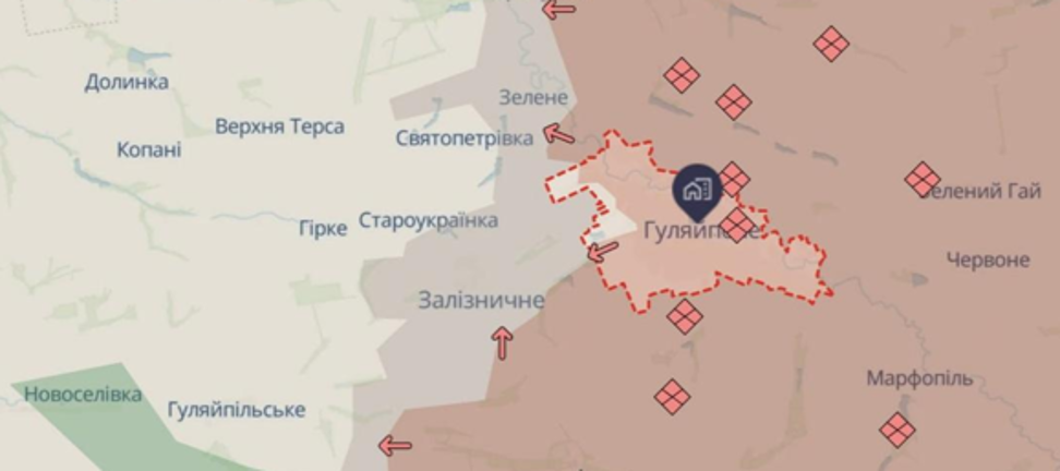Карта з позначеним пунктиром селом Гуляйполе та червоними маркерами навколо.