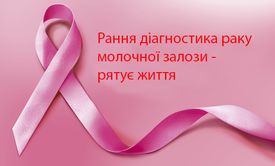 Рожева стрічка символу боротьби з раком молочної залози з написом «Рання діагностика раку молочної залози - рятує життя
