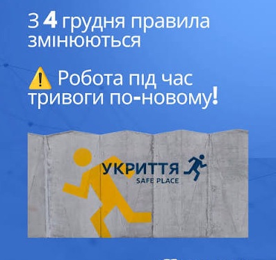 Інформаційне повідомлення про зміну правил роботи під час тривоги з 4 грудня та зображенням бетонного укриття з написом «УКРИТТЯ SAFE PLACE».