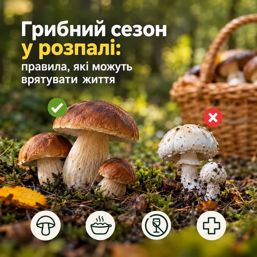 Інфографіка з назвою «Грибний сезон у розпалі: правила, які можуть врятувати життя», що демонструє порівняння їстівних грибів із позначкою «галочка» та отруйних із позначкою «хрестик» на тлі лісу та кошика.